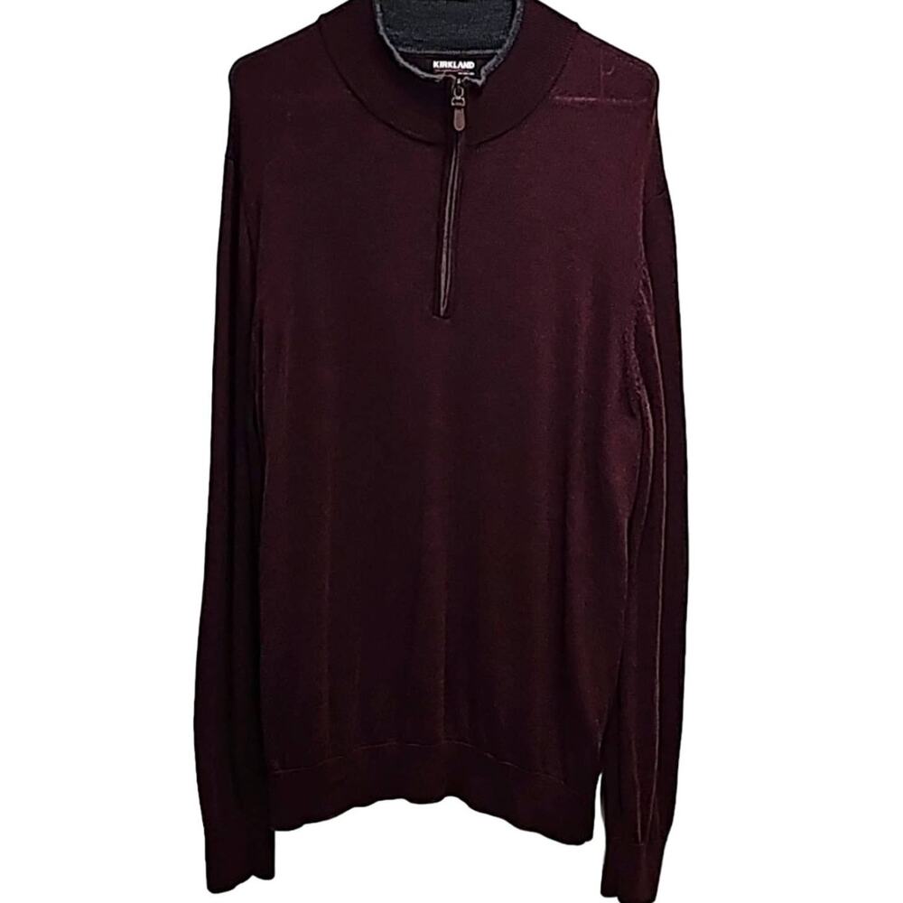 Kirkland Signature Extra Fine Merino Wool Maroon with Gray Trim Sweater Mens XL